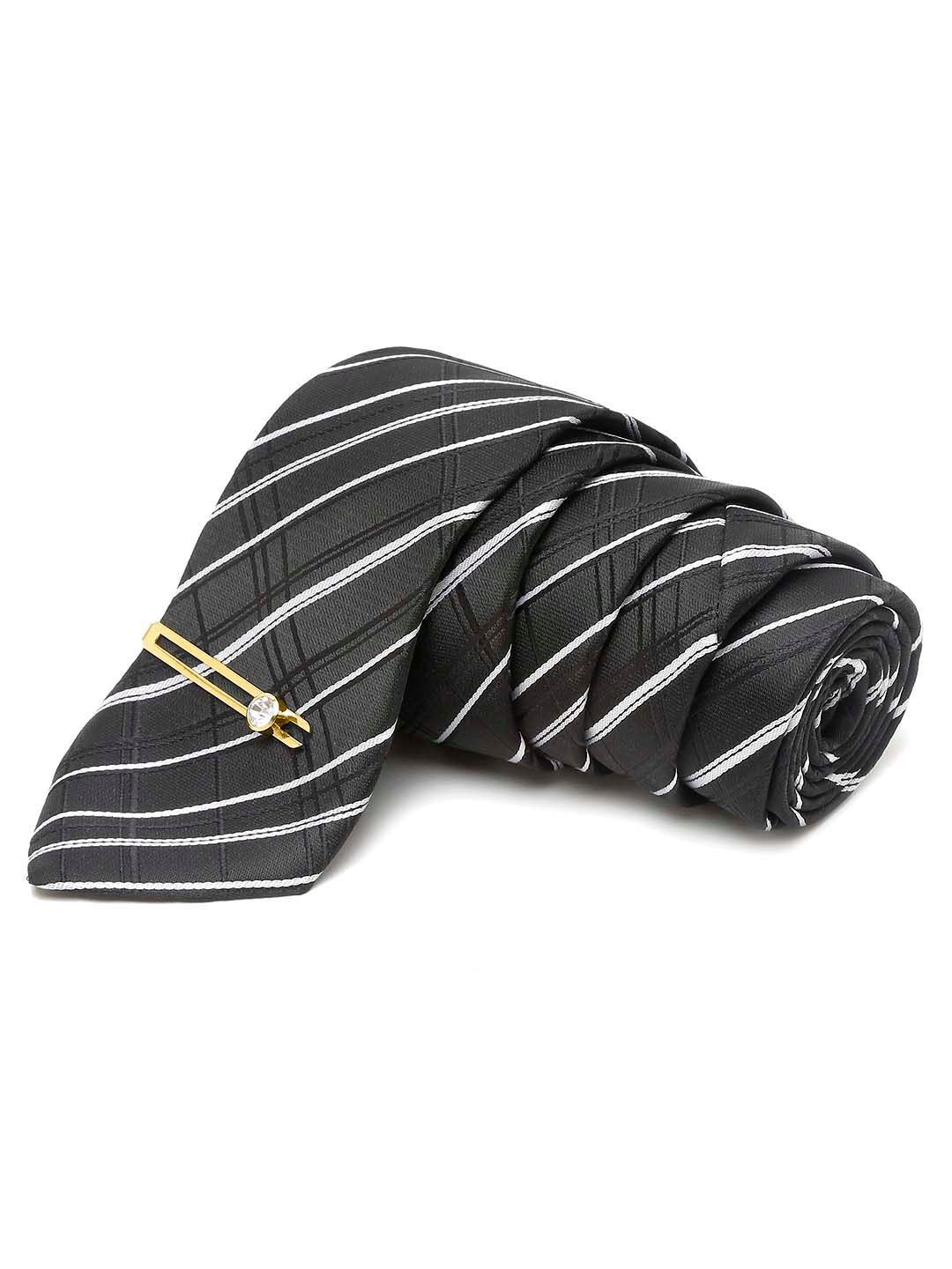 Checkered Black and White Italian Silk Necktie Set Pocket Square Golden Tiepin