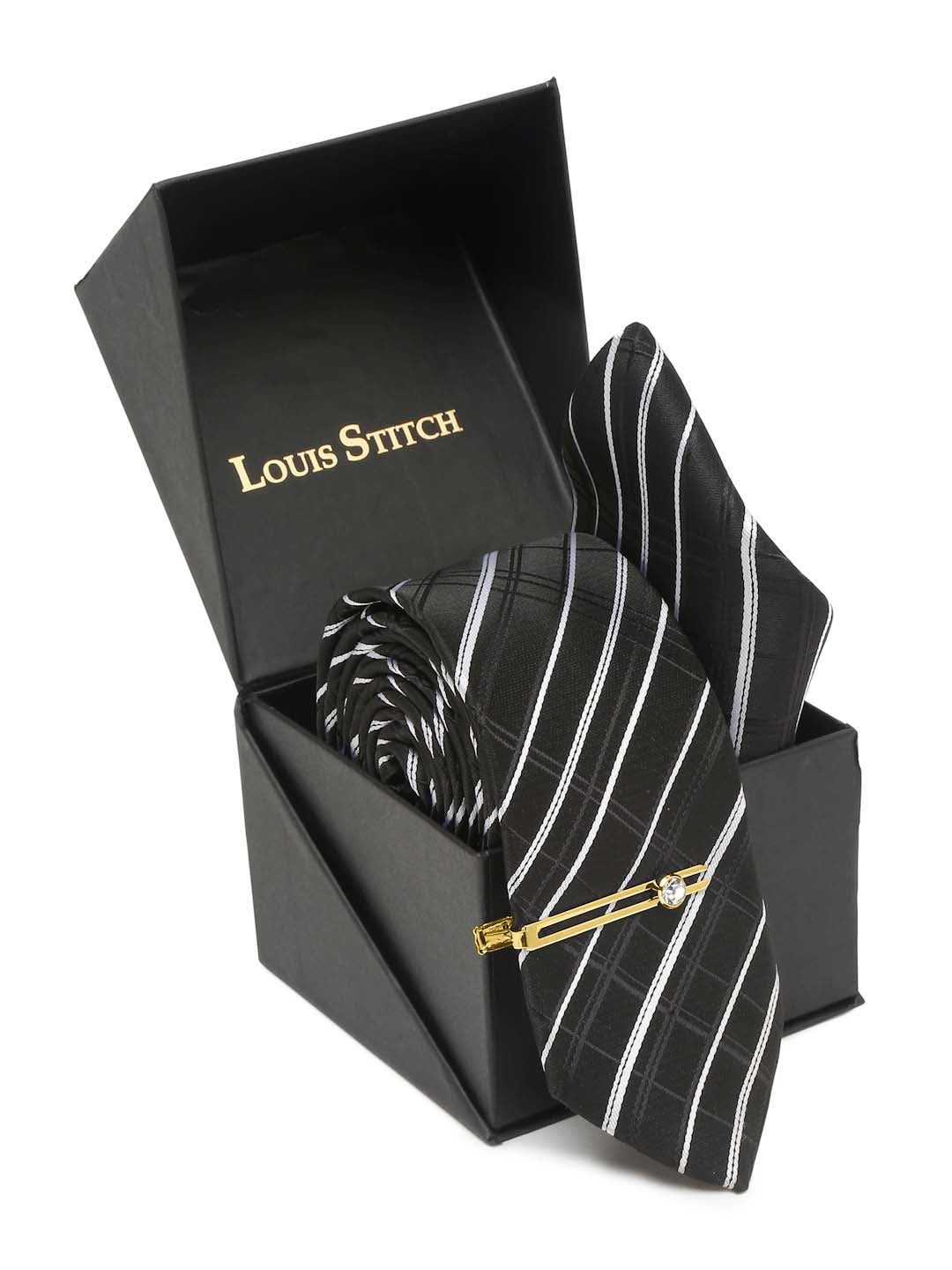 Checkered Black and White Italian Silk Necktie Set Pocket Square Golden Tiepin