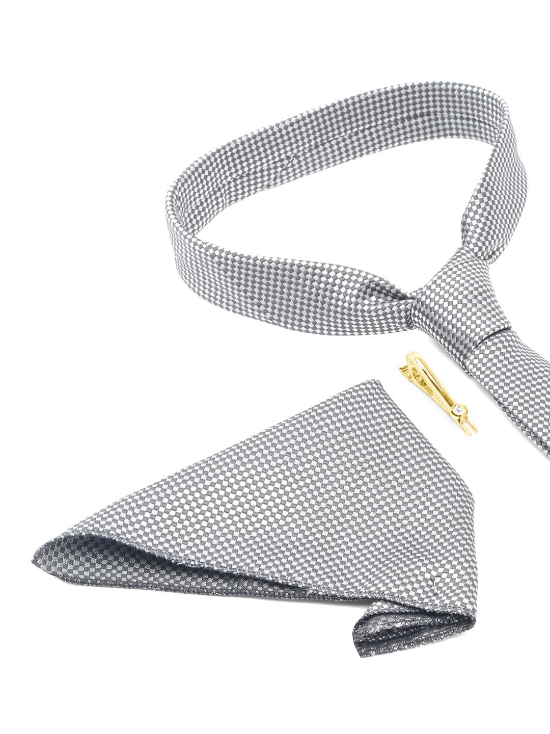 Checkered Black Luxury Italian Silk Necktie Set With Pocket Square Gold Tie pin