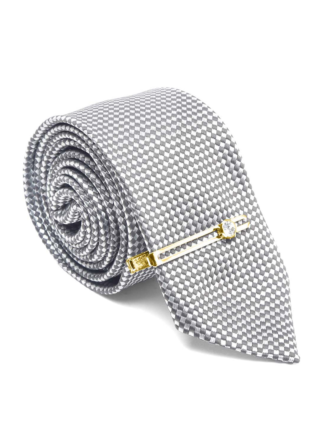 Checkered Black Luxury Italian Silk Necktie Set With Pocket Square Gold Tie pin