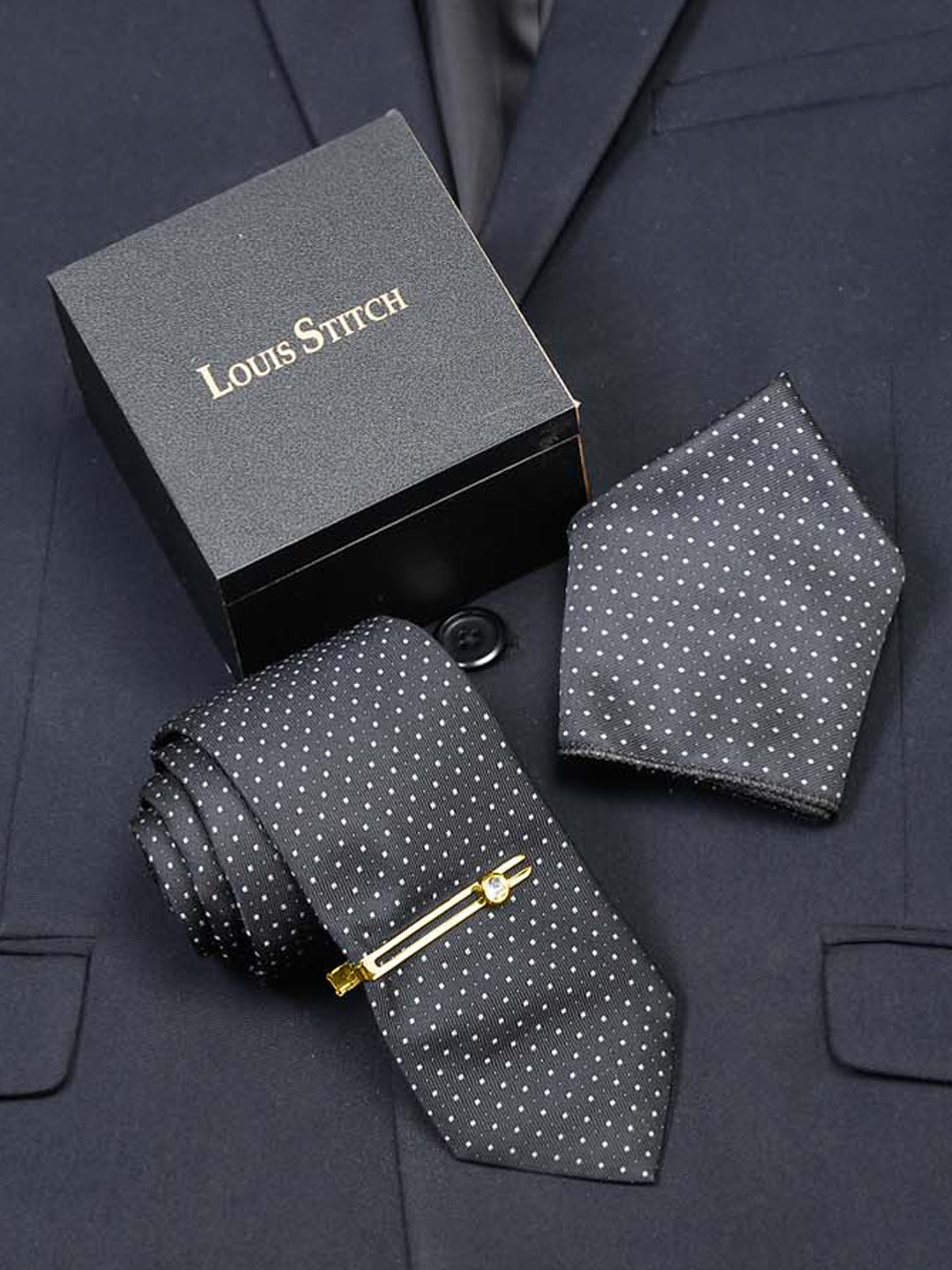 Polka Black Luxury Italian Silk Necktie Set With Pocket Square Gold Tie pin