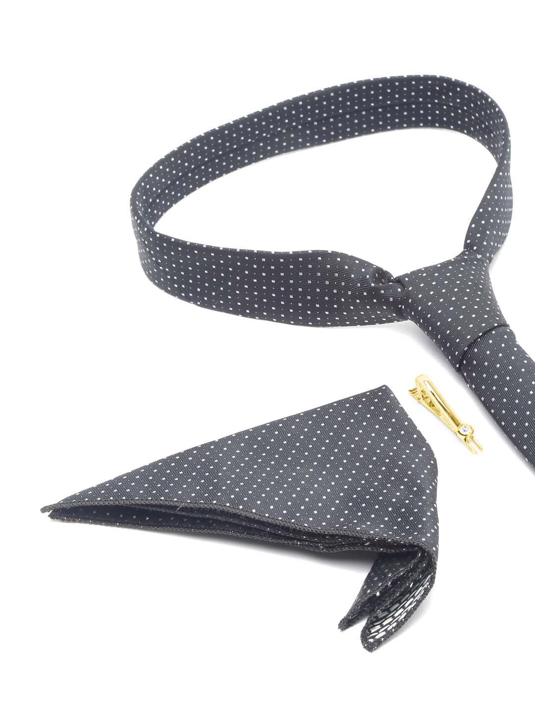 Polka Black Luxury Italian Silk Necktie Set With Pocket Square Gold Tie pin