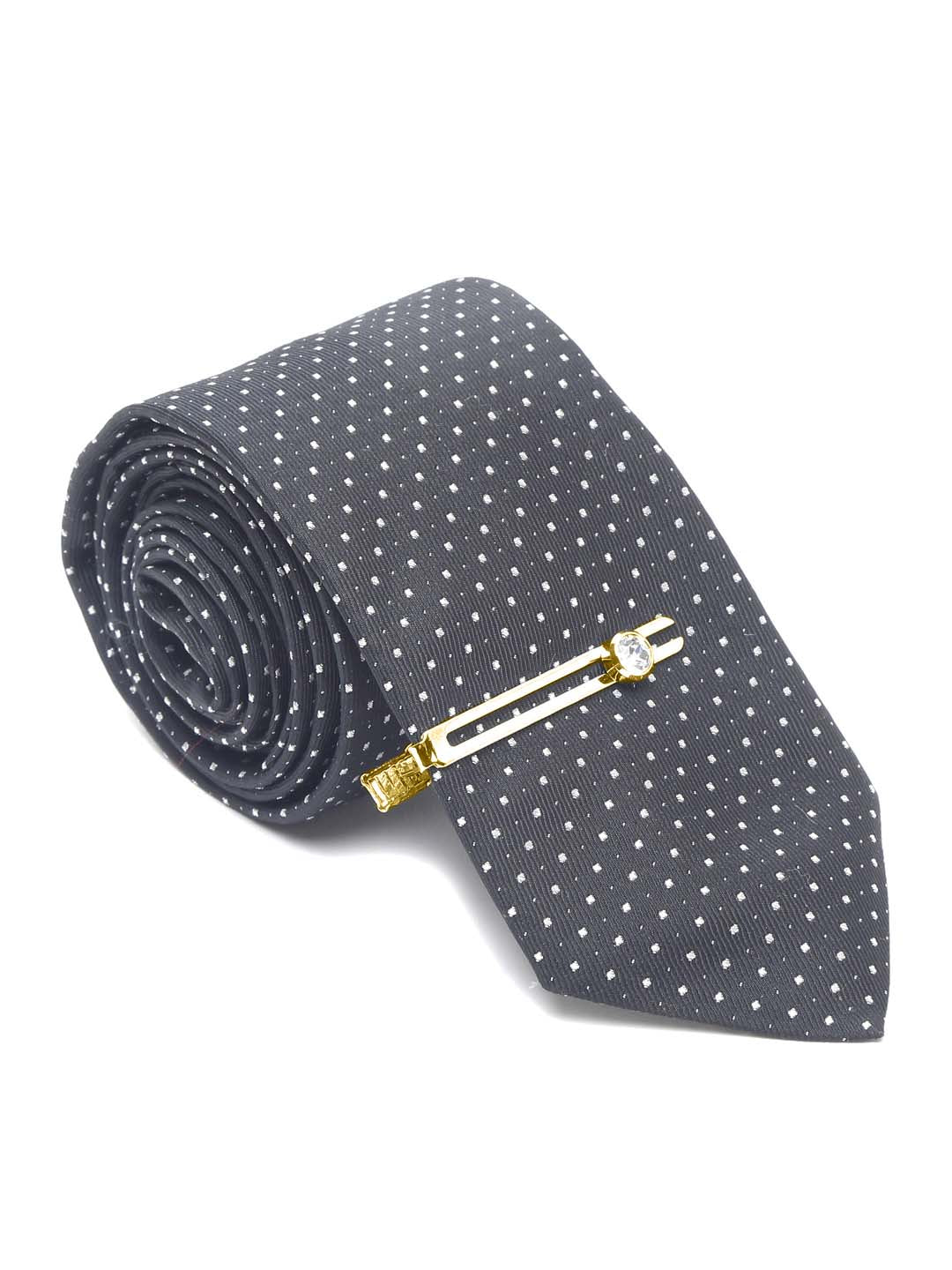 Polka Black Luxury Italian Silk Necktie Set With Pocket Square Gold Tie pin