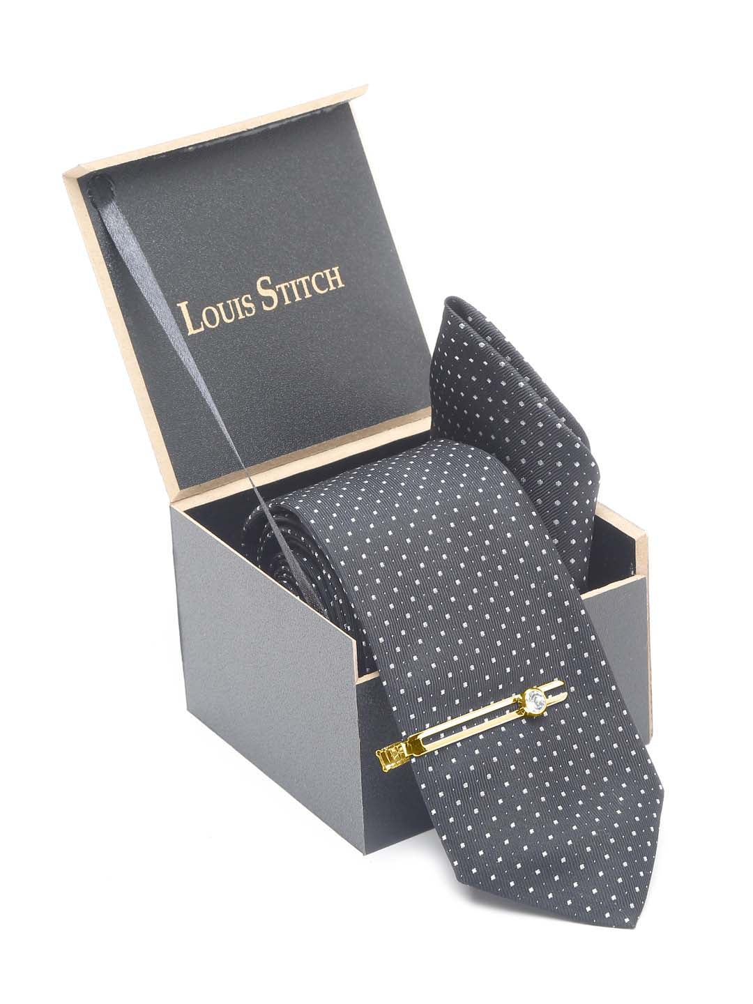 Polka Black Luxury Italian Silk Necktie Set With Pocket Square Gold Tie pin