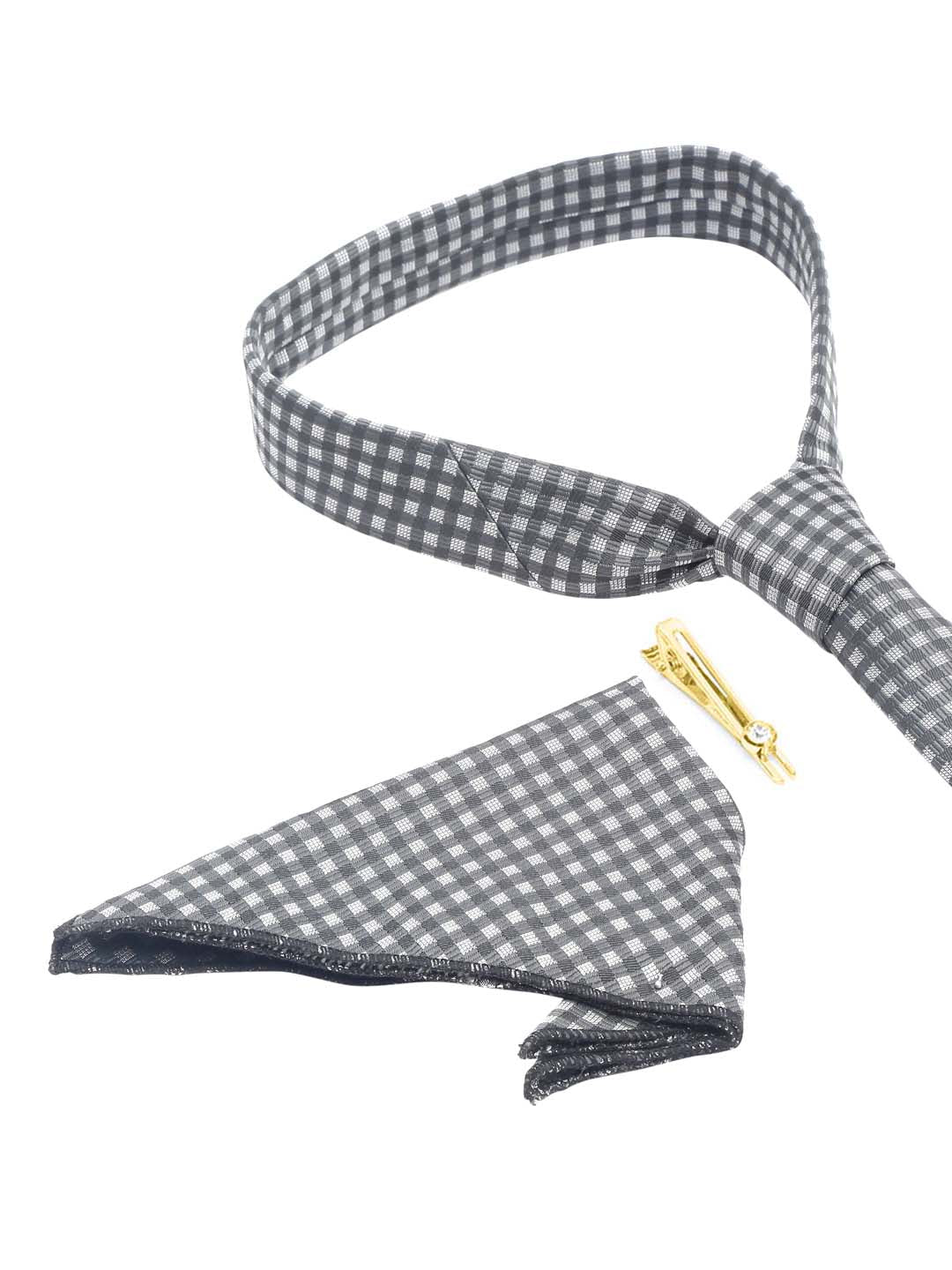 Checkerd Black Luxury Italian Silk Necktie Set With Pocket Square Gold Tie pin