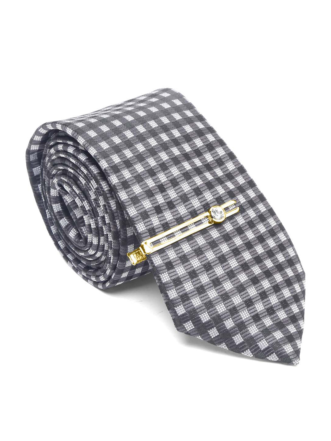 Checkerd Black Luxury Italian Silk Necktie Set With Pocket Square Gold Tie pin