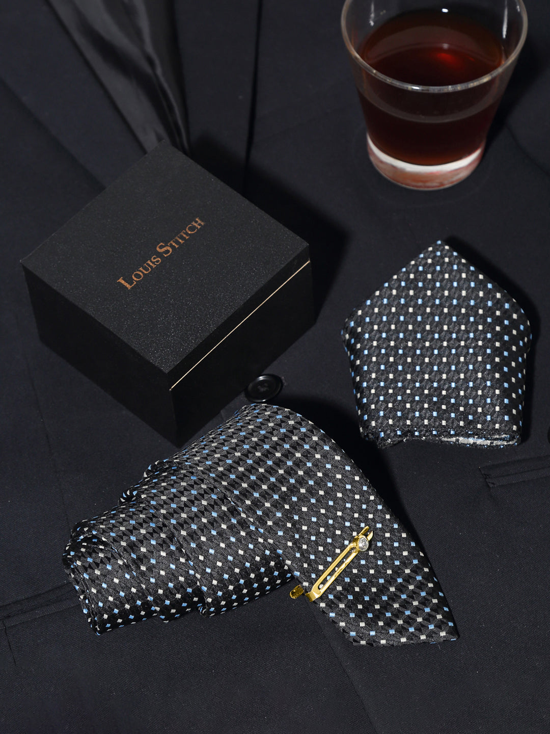 Polkia Dotted Black Luxury Italian Silk Necktie Set With Pocket Square Gold Tie pin