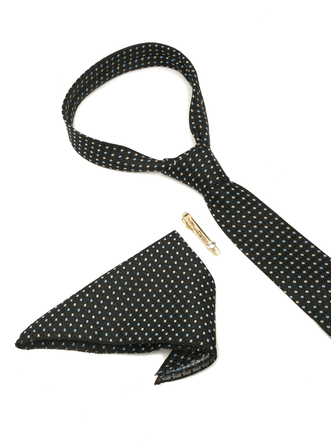 Polkia Dotted Black Luxury Italian Silk Necktie Set With Pocket Square Gold Tie pin