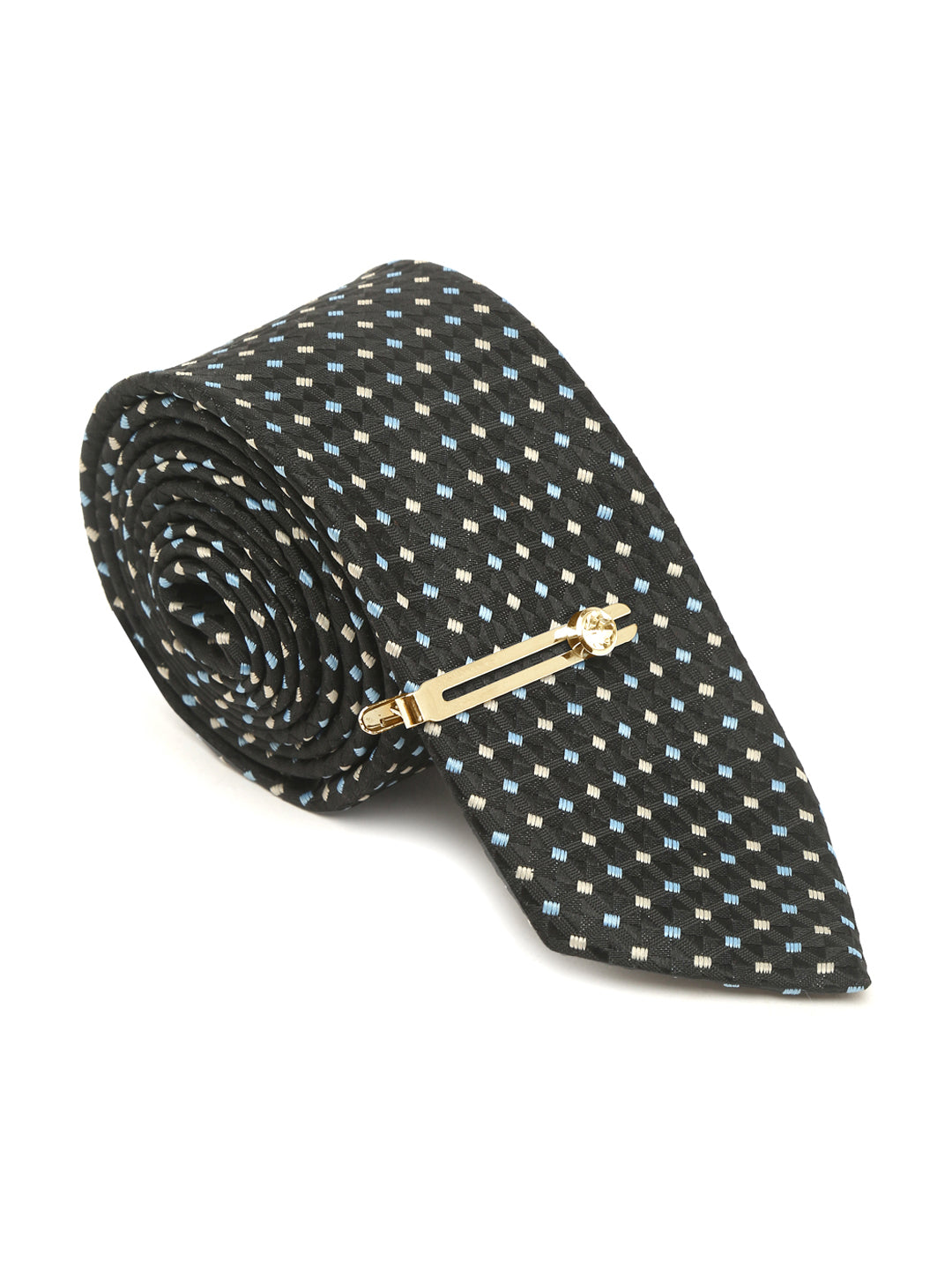 Polkia Dotted Black Luxury Italian Silk Necktie Set With Pocket Square Gold Tie pin