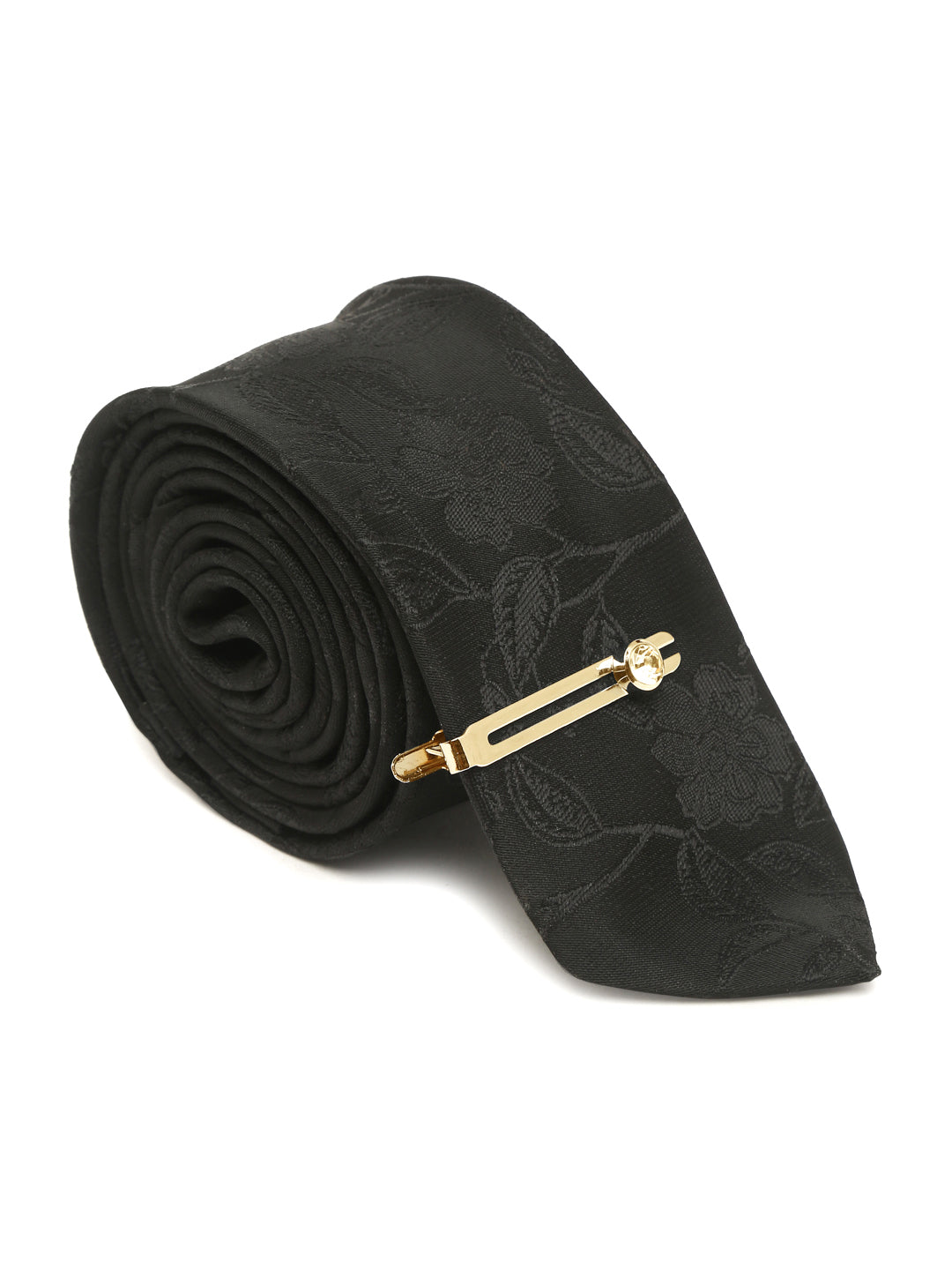 Floral Black Luxury Italian Silk Necktie Set With Pocket Square Gold Tie pin