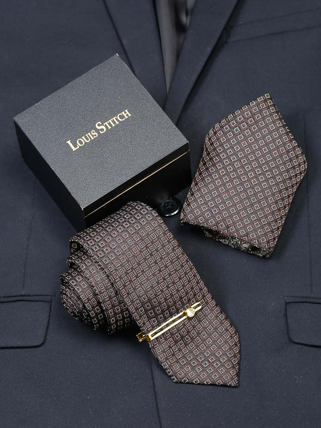 Chocolate Brown Luxury Italian Silk Necktie Set With Pocket Square Gold Tie pin