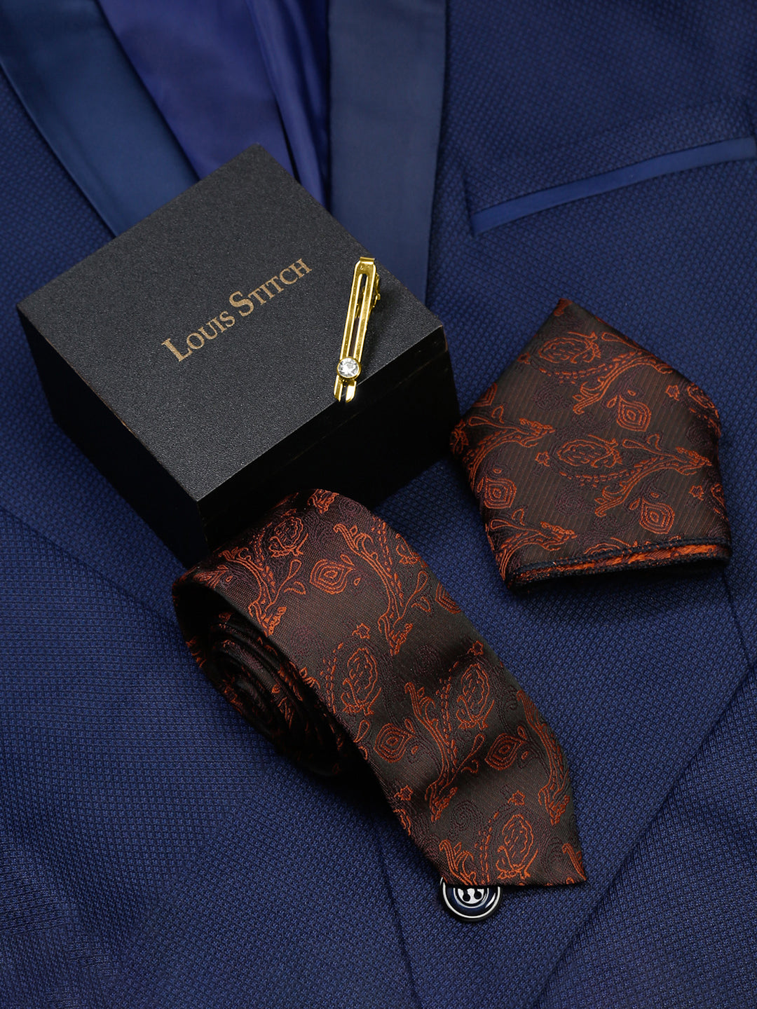 Coffee Brown Luxury Italian Silk Necktie Set With Pocket Square Gold Tie pin