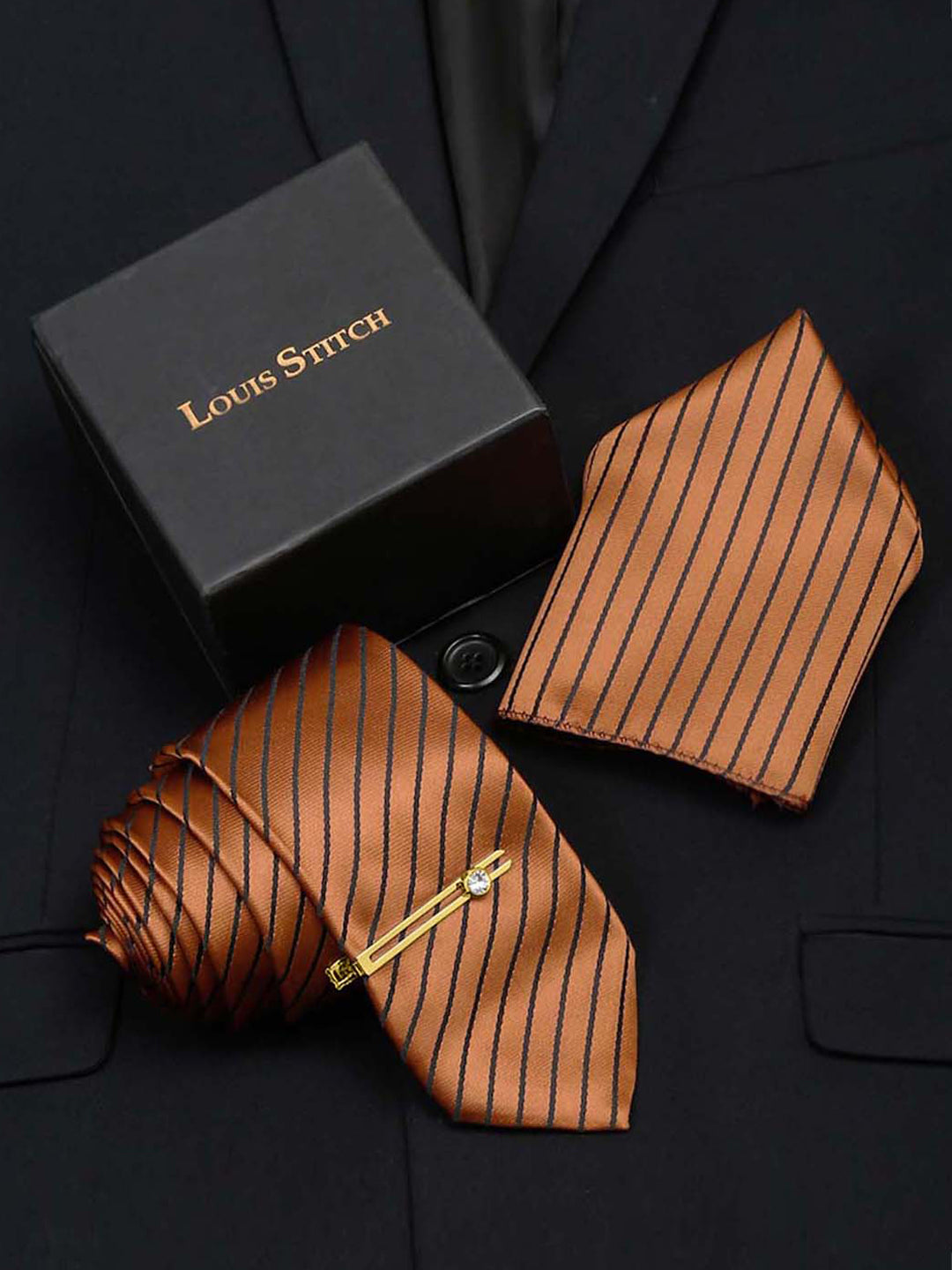 Copper Brown Italian Silk Necktie Set Pocket Square Golden Tiepin