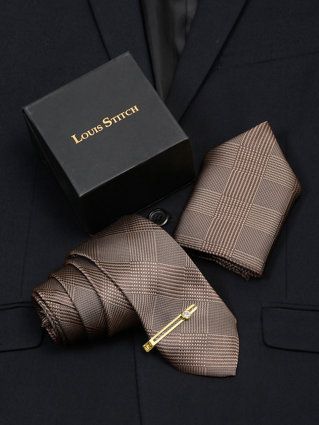 Maple Brown Italian Silk Necktie Set Pocket Square Golden Tiepin