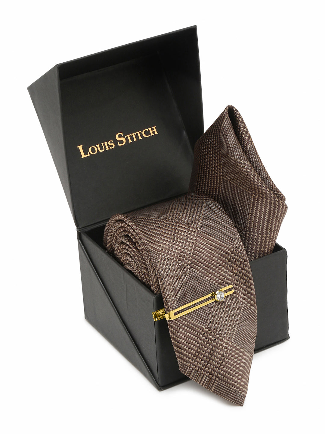 Maple Brown Italian Silk Necktie Set Pocket Square Golden Tiepin