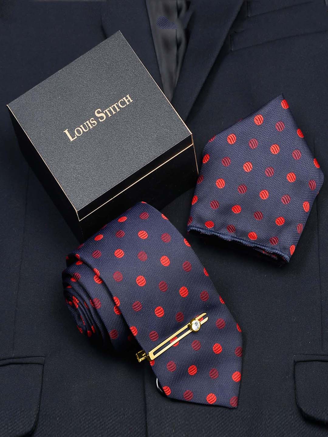 Polka Blue Luxury Italian Silk Necktie Set With Pocket Square Gold Tie pin