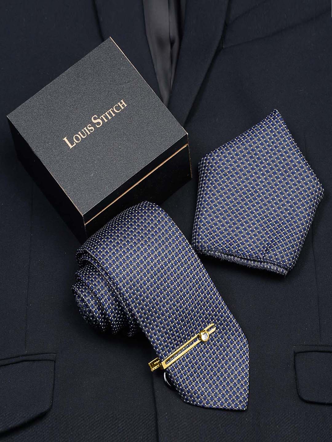 Blue Checkerd Luxury Italian Silk Necktie Set With Pocket Square Gold Tie pin