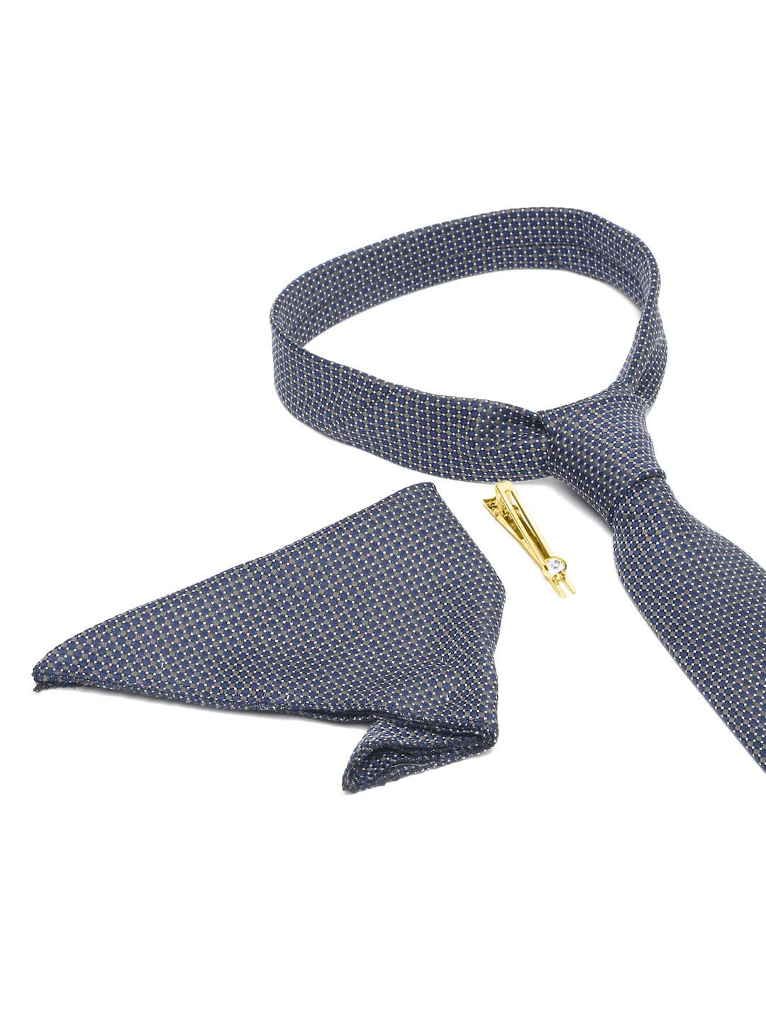 Blue Checkerd Luxury Italian Silk Necktie Set With Pocket Square Gold Tie pin