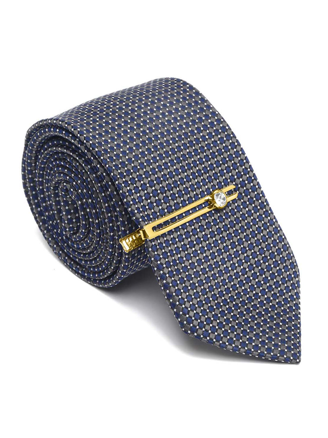 Blue Checkerd Luxury Italian Silk Necktie Set With Pocket Square Gold Tie pin