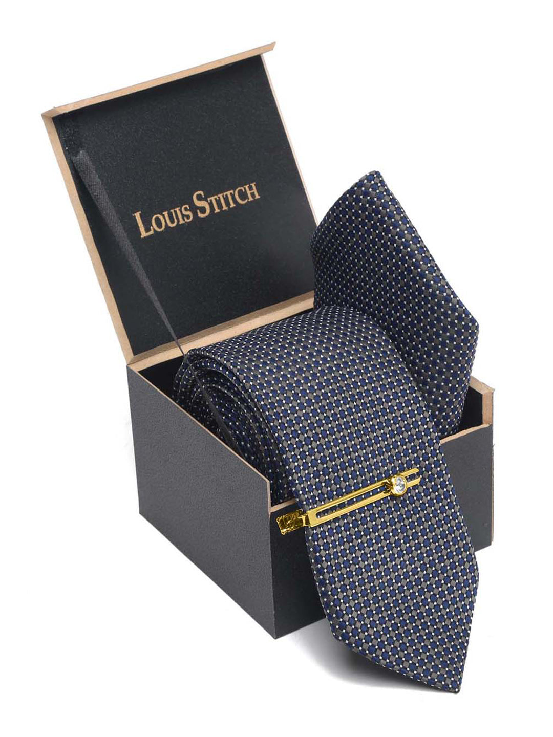 Blue Checkerd Luxury Italian Silk Necktie Set With Pocket Square Gold Tie pin