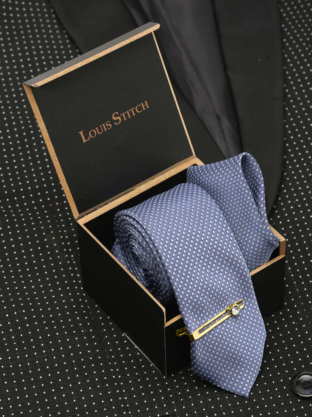  Ash Blue Luxury Italian Silk Necktie Set With Pocket Square Gold Tie pin