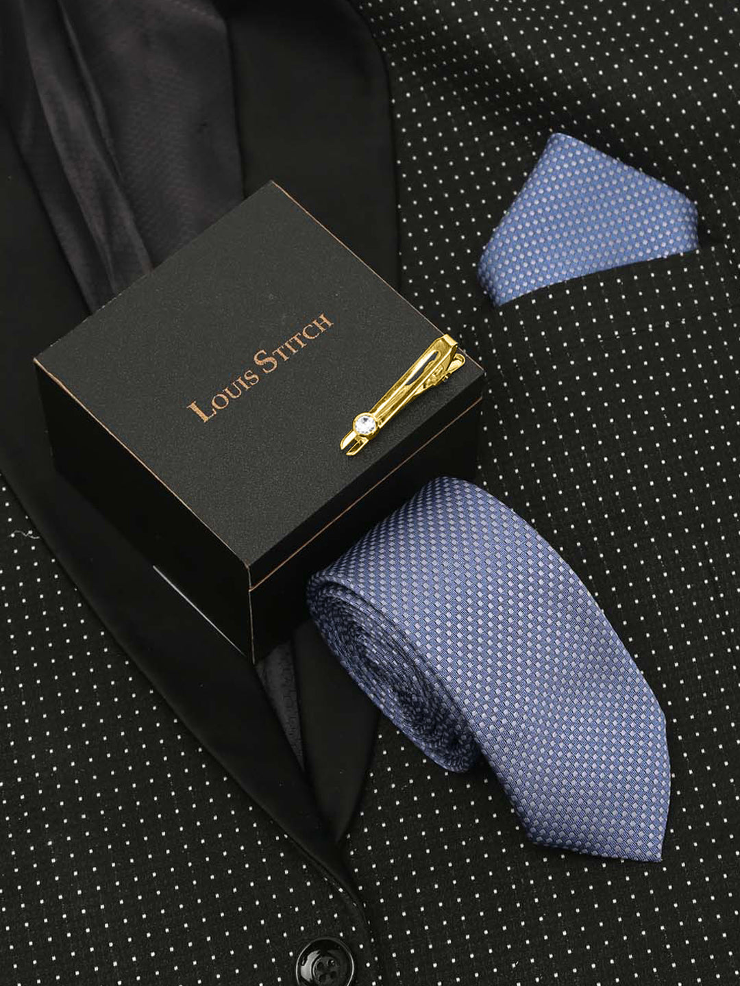 Ash Blue Luxury Italian Silk Necktie Set With Pocket Square Gold Tie pin