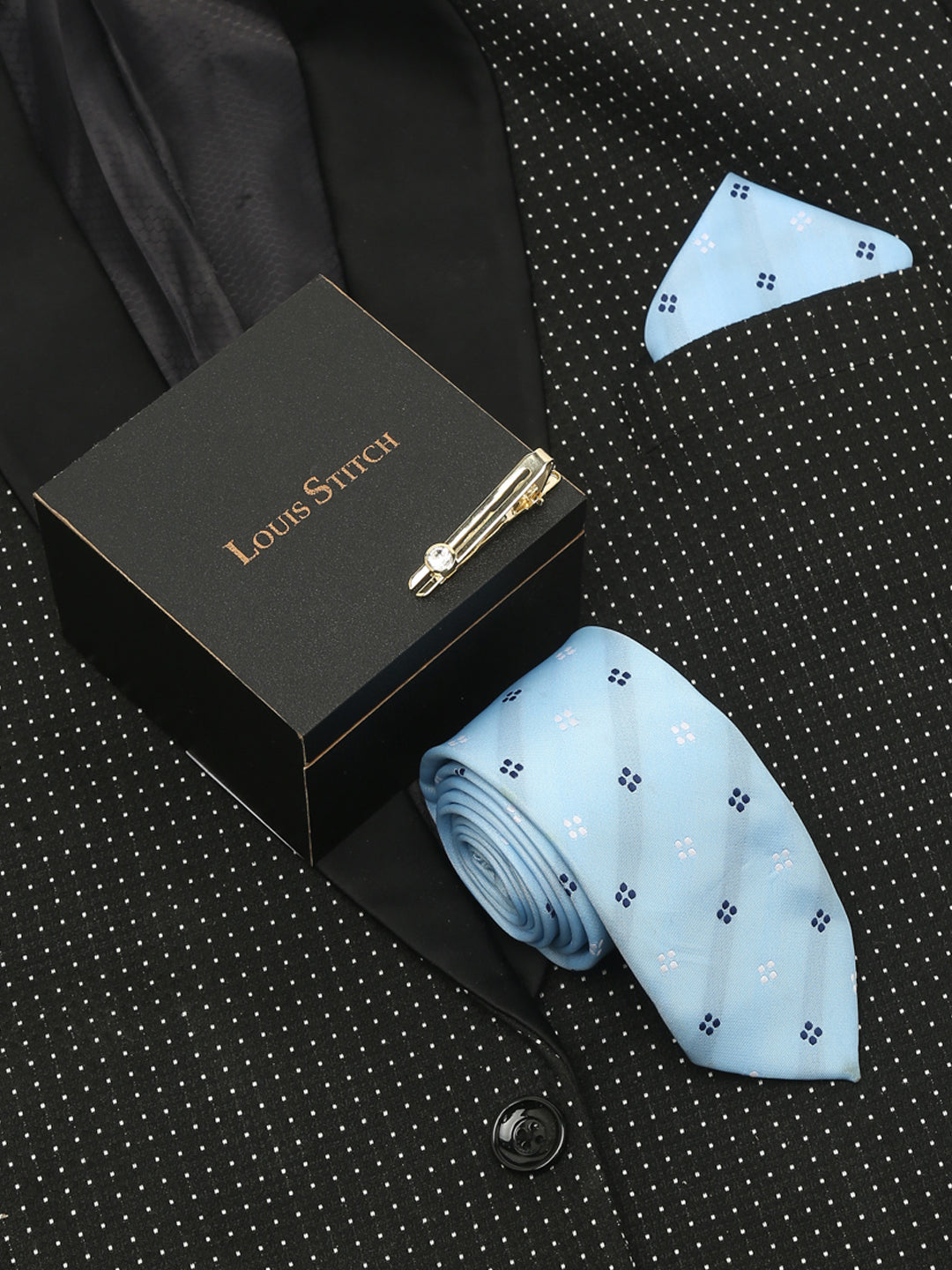 Light Printed Blue Luxury Italian Silk Necktie Set With Pocket Square Gold Tie pin