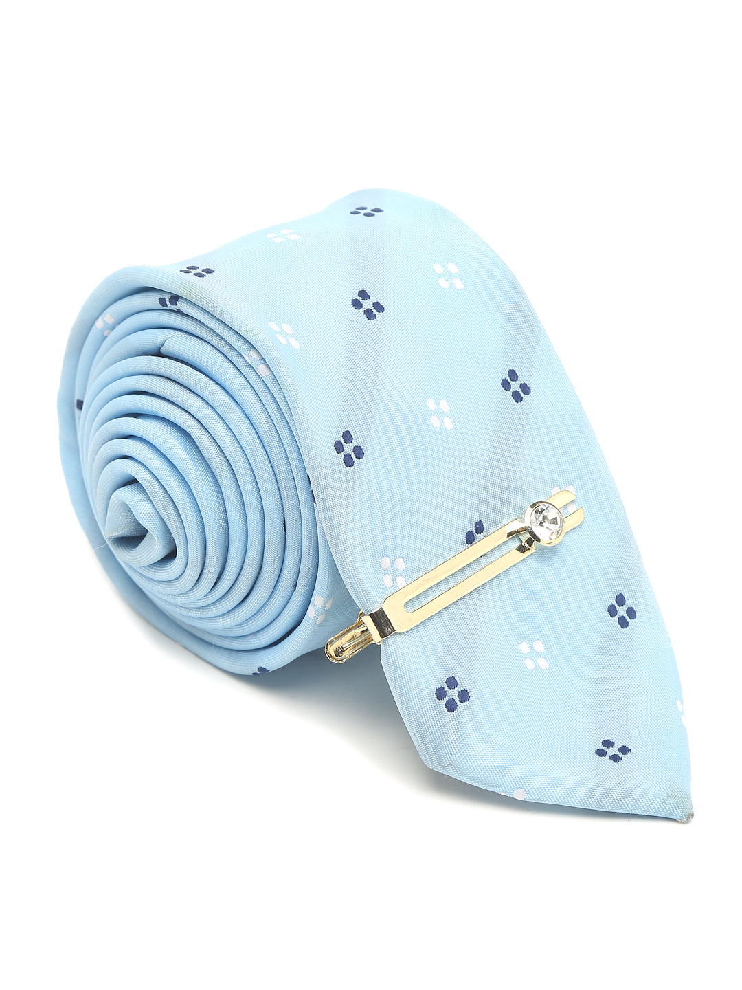 Light Printed Blue Luxury Italian Silk Necktie Set With Pocket Square Gold Tie pin