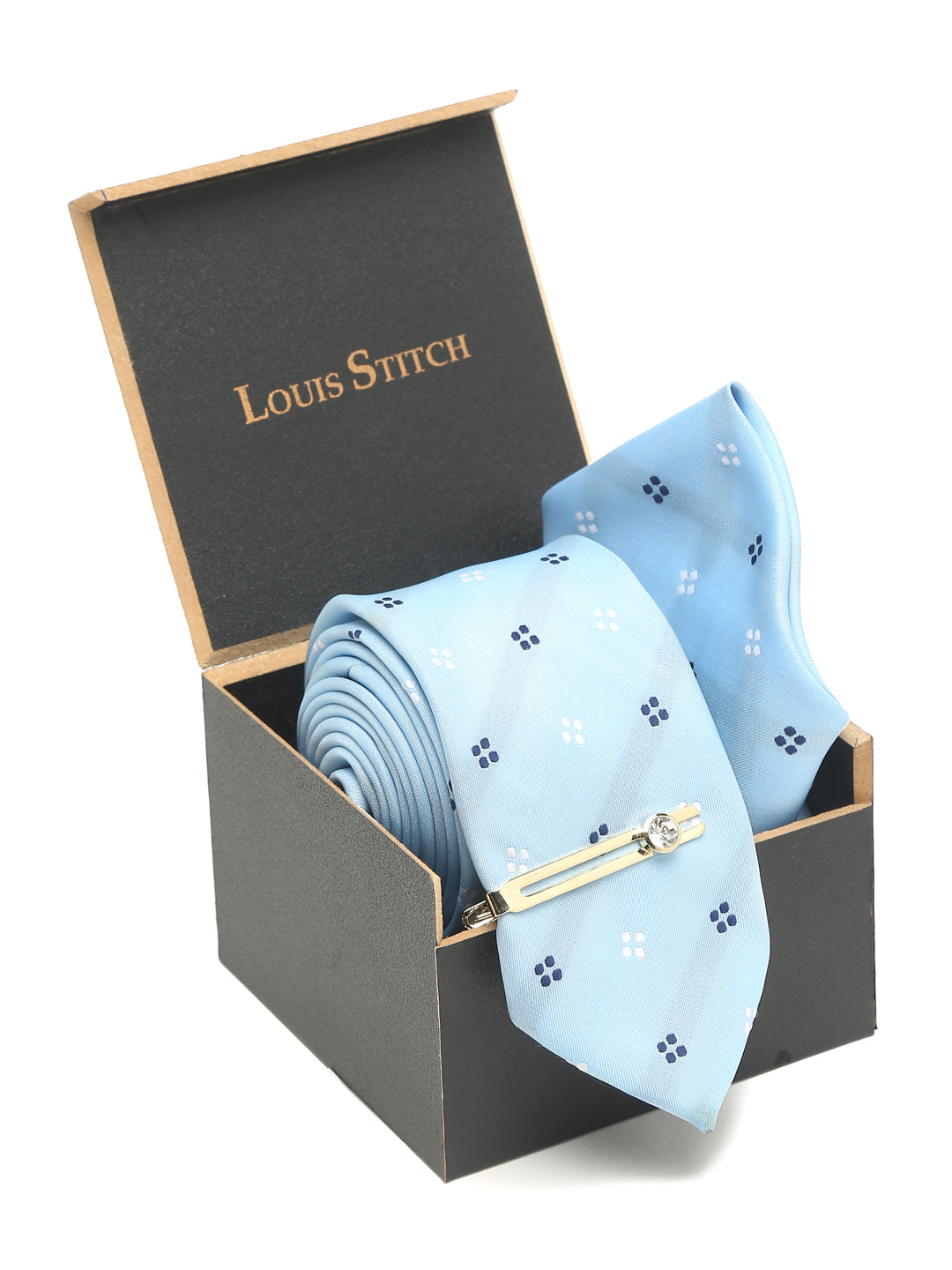 Light Printed Blue Luxury Italian Silk Necktie Set With Pocket Square Gold Tie pin