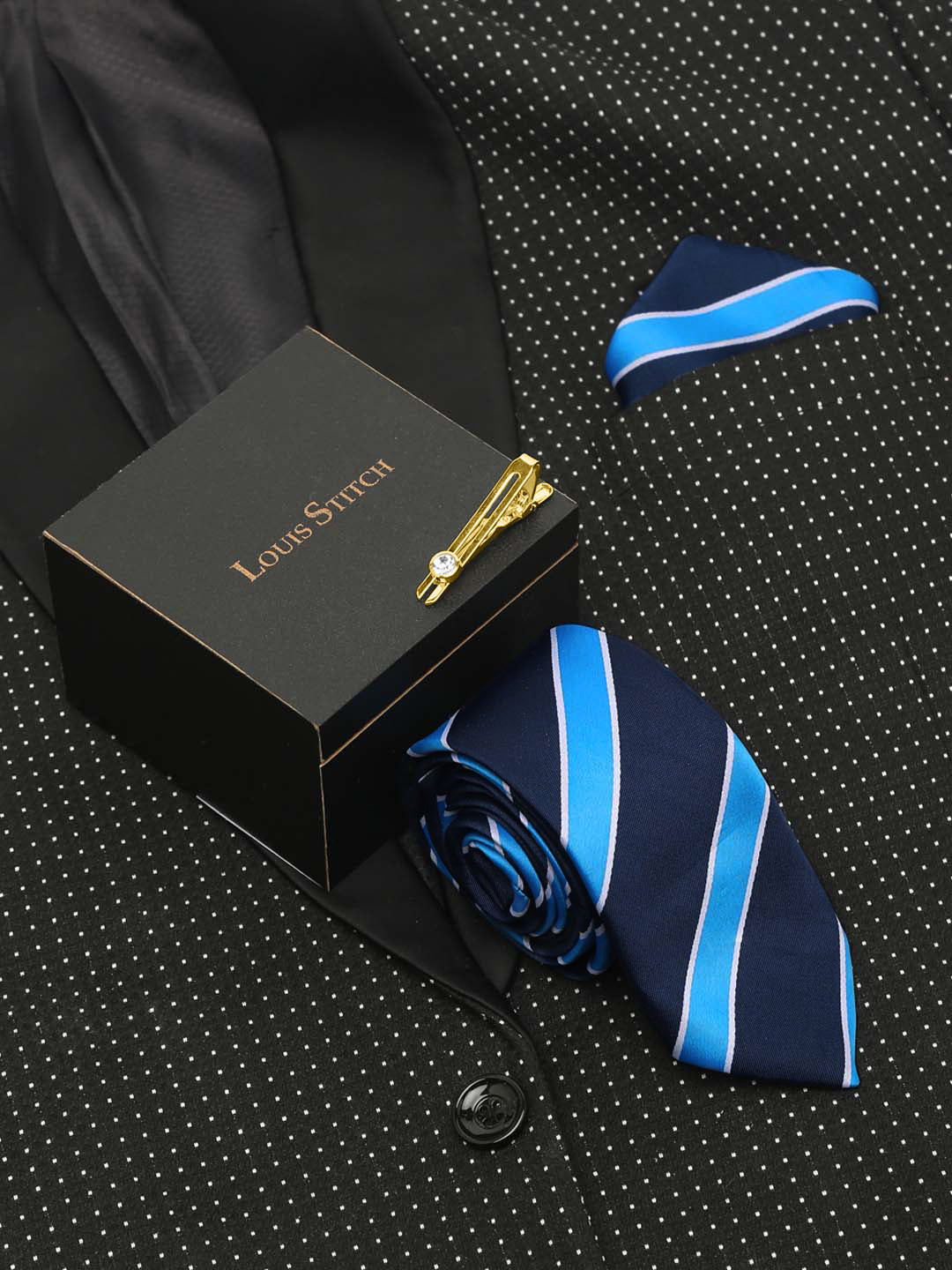 Polka Bright Blue Luxury Italian Silk Necktie Set With Pocket Square Gold Tie pin