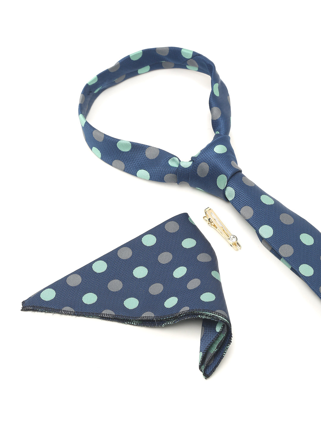 Polka Dotted Blue Luxury Italian Silk Necktie Set With Pocket Square Gold Tie pin