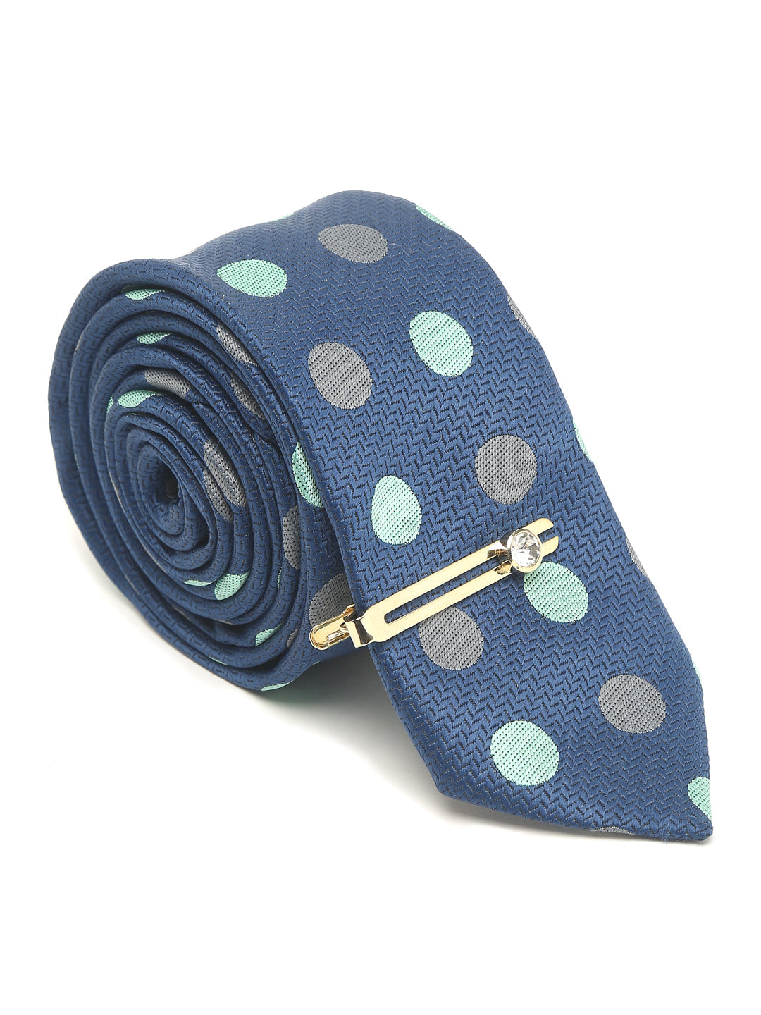 Polka Dotted Blue Luxury Italian Silk Necktie Set With Pocket Square Gold Tie pin