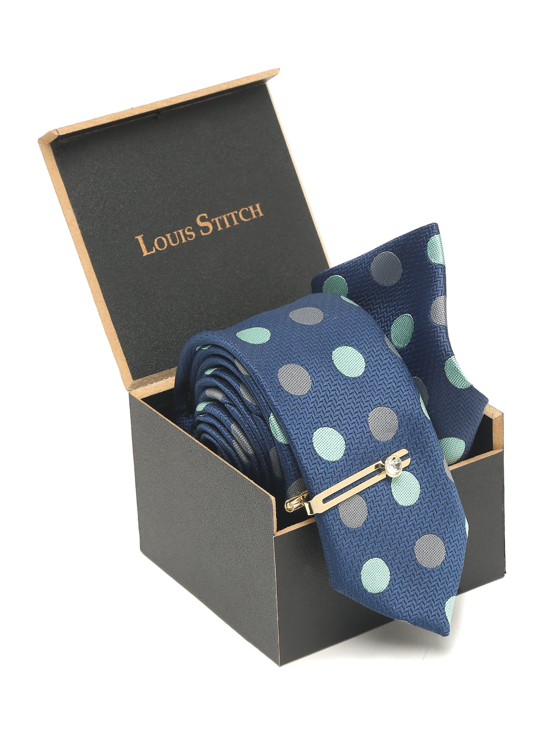 Polka Dotted Blue Luxury Italian Silk Necktie Set With Pocket Square Gold Tie pin