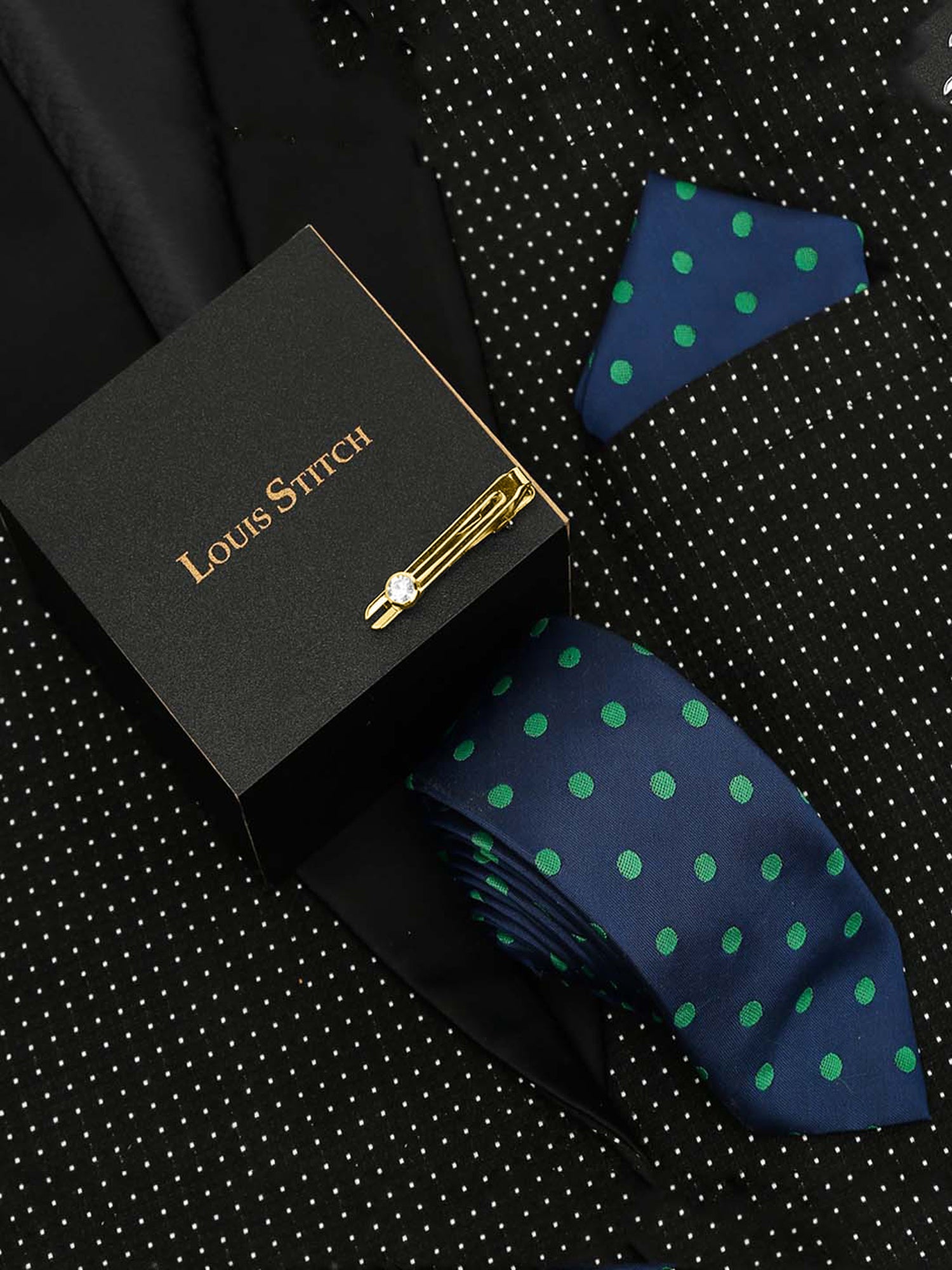 Polka Dot Blue Luxury Italian Silk Necktie Set With Pocket Square Gold Tie pin