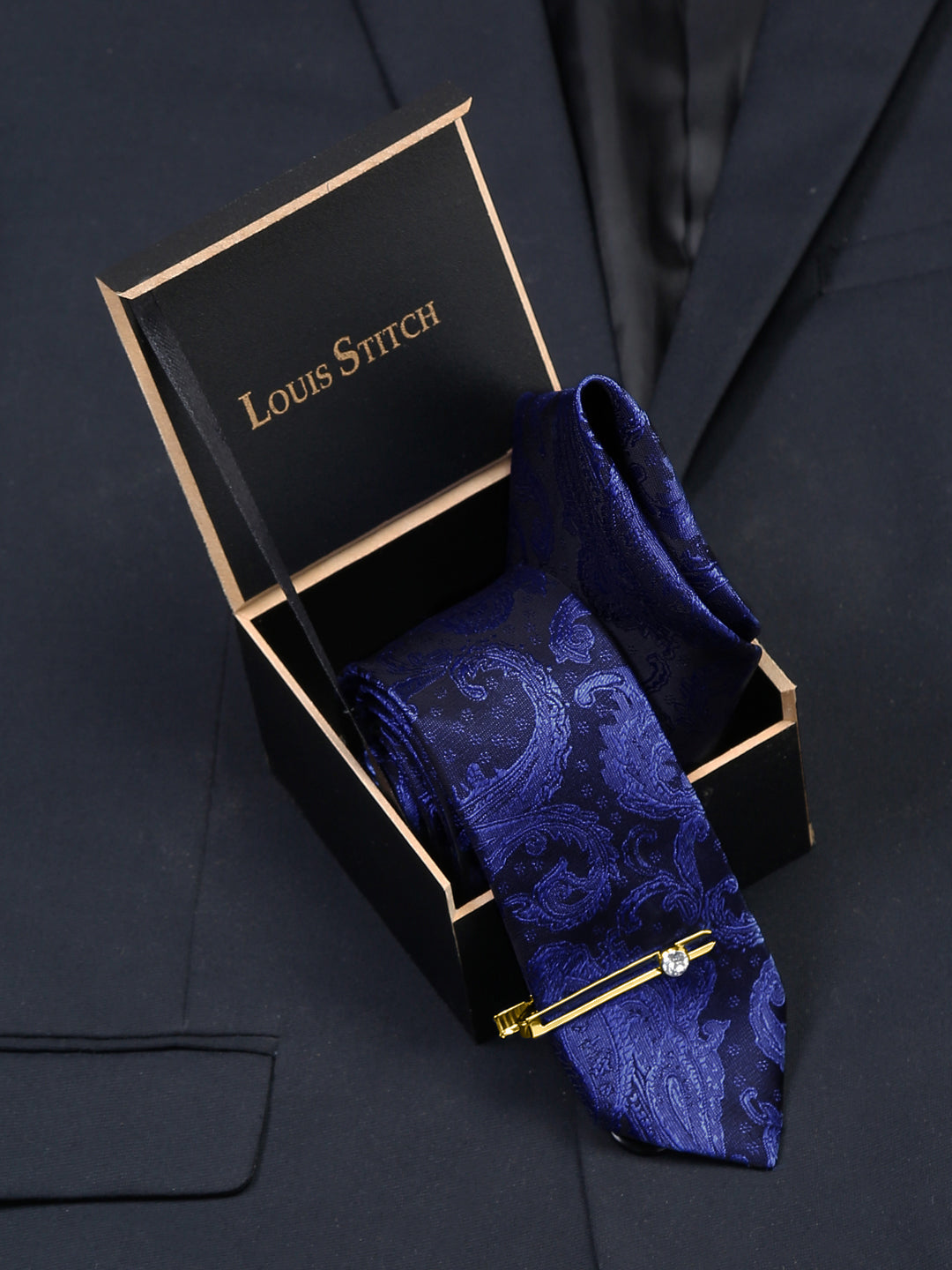  Royal Blue Luxury Italian Silk Necktie Set With Pocket Square Gold Tie pin