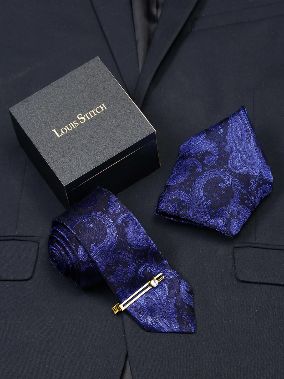 Royal Blue Luxury Italian Silk Necktie Set With Pocket Square Gold Tie pin