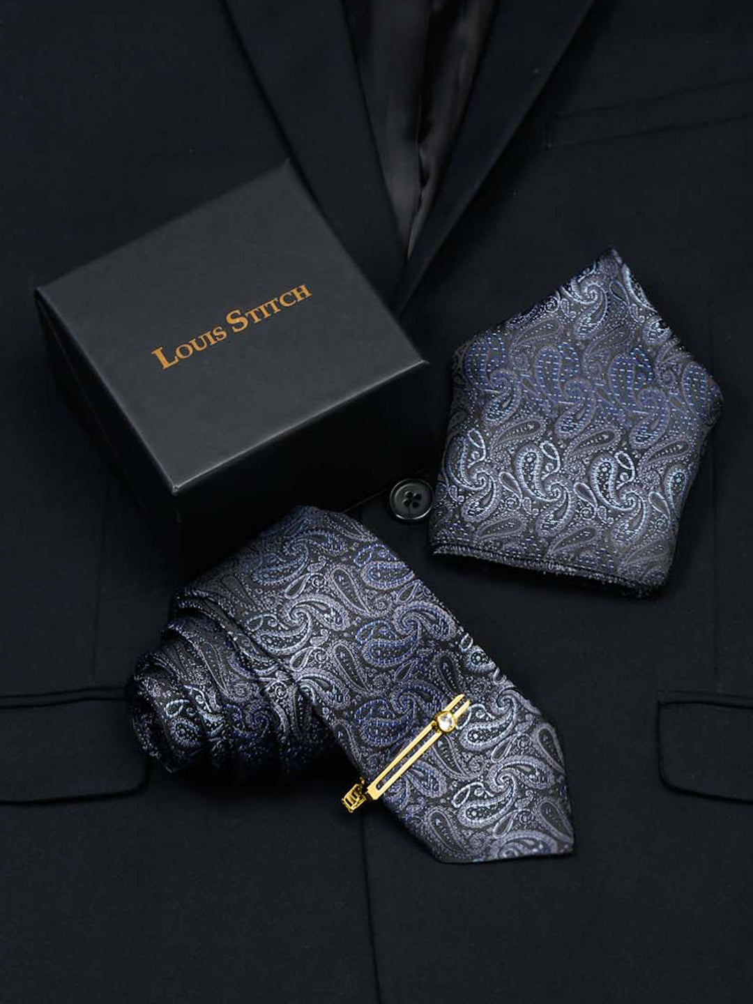 Spruce Blue Luxury Italian Silk Necktie Set With Pocket Square Gold Tie pin