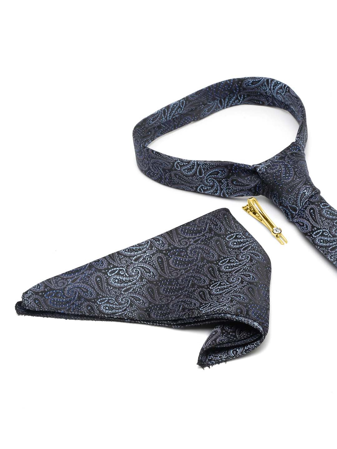 Spruce Blue Luxury Italian Silk Necktie Set With Pocket Square Gold Tie pin