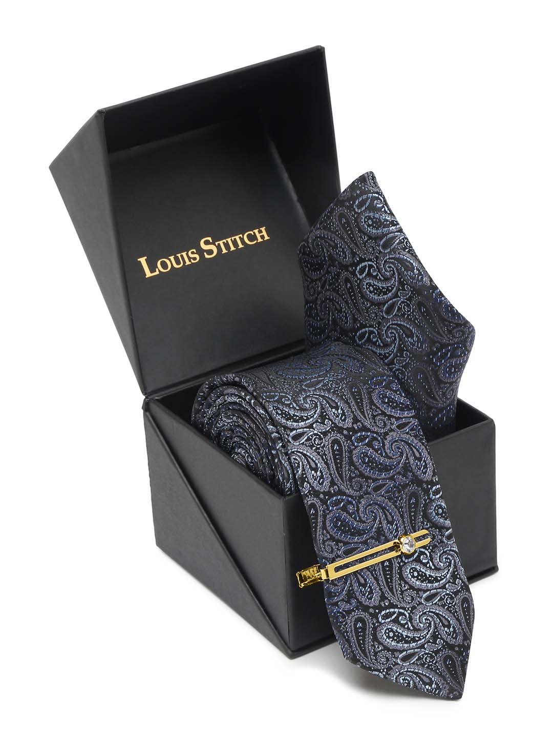 Spruce Blue Luxury Italian Silk Necktie Set With Pocket Square Gold Tie pin