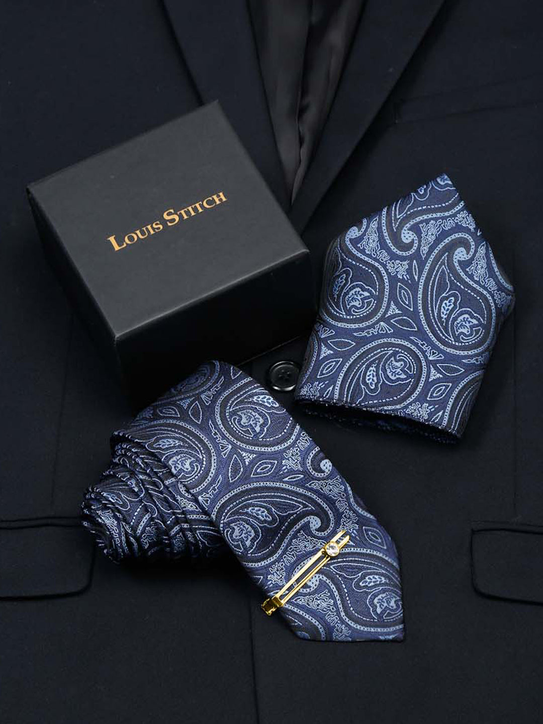 Yale Blue Luxury Italian Silk Necktie Set With Pocket Square Gold Tie pin