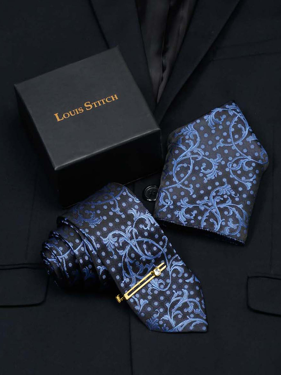 Prussian Blue Luxury Italian Silk Necktie Set With Pocket Square Gold Tie pin