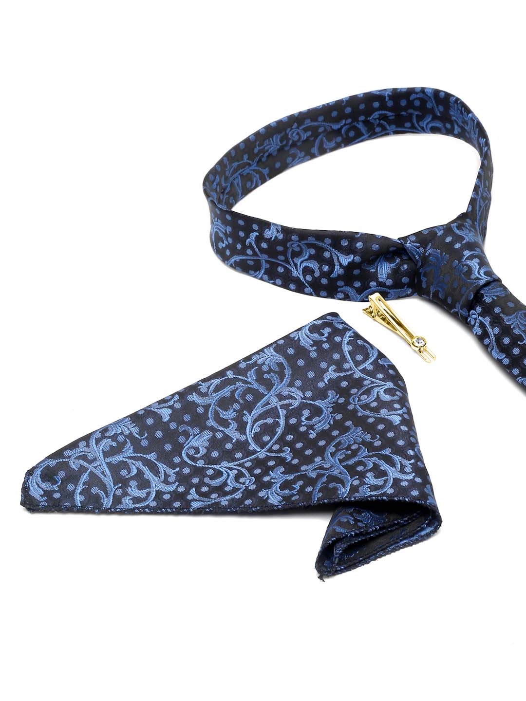 Prussian Blue Luxury Italian Silk Necktie Set With Pocket Square Gold Tie pin