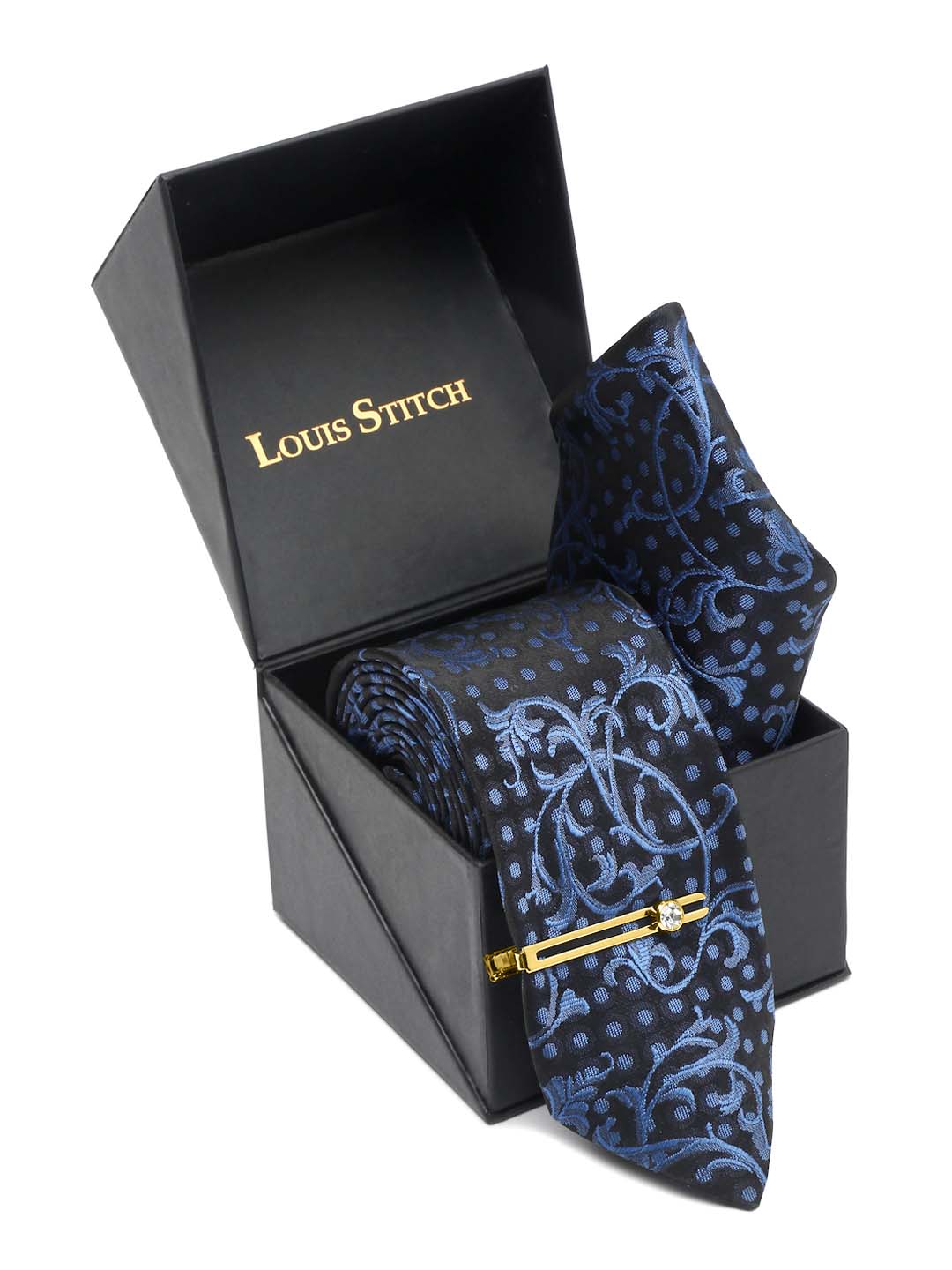 Prussian Blue Luxury Italian Silk Necktie Set With Pocket Square Gold Tie pin