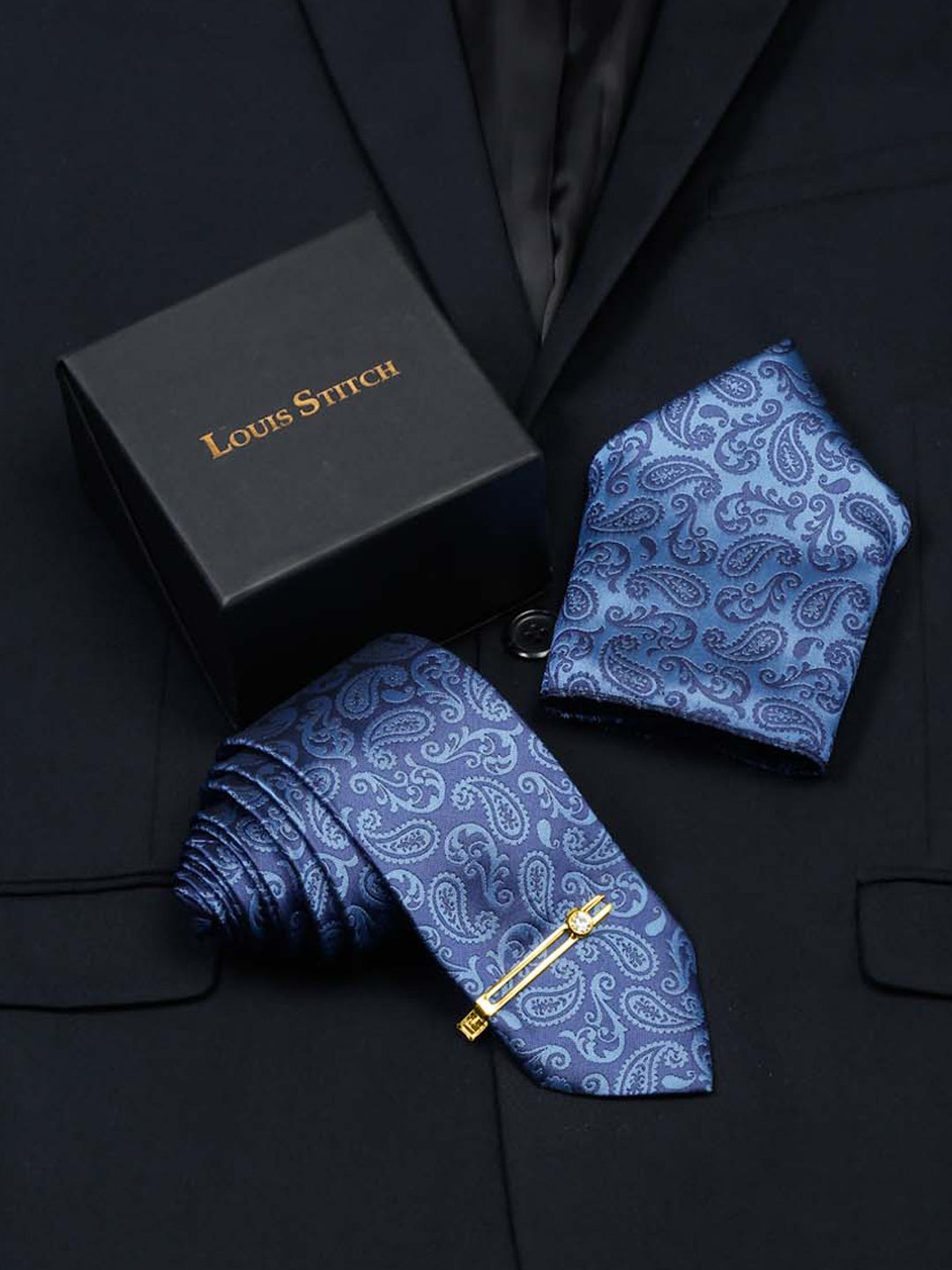 Cobalt Blue Luxury Italian Silk Necktie Set With Pocket Square Gold Tie pin