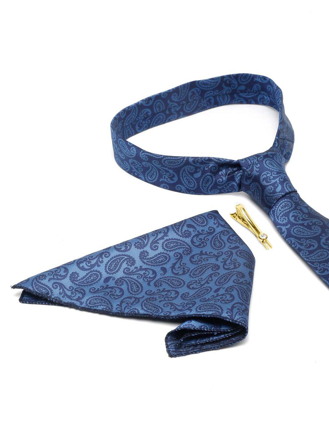 Cobalt Blue Luxury Italian Silk Necktie Set With Pocket Square Gold Tie pin