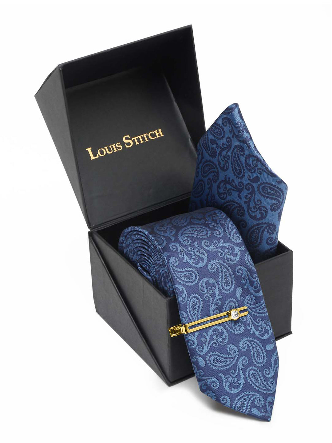 Cobalt Blue Luxury Italian Silk Necktie Set With Pocket Square Gold Tie pin