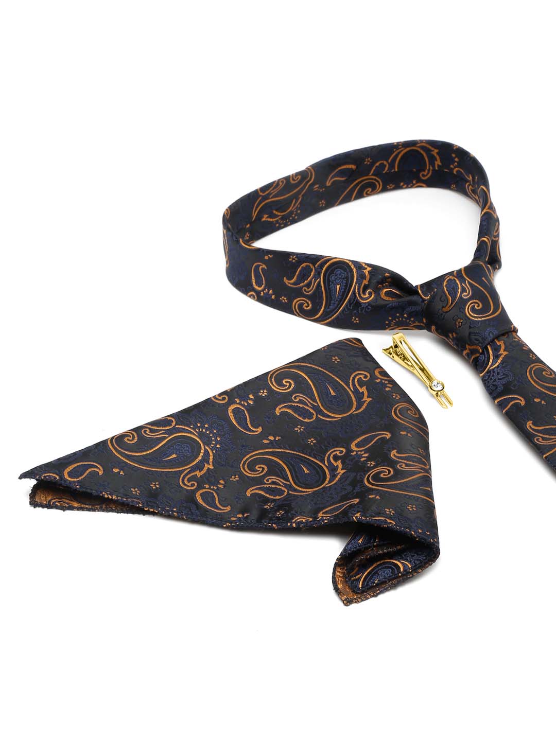 Sapphire Blue Luxury Italian Silk Necktie Set With Pocket Square Gold Tie pin