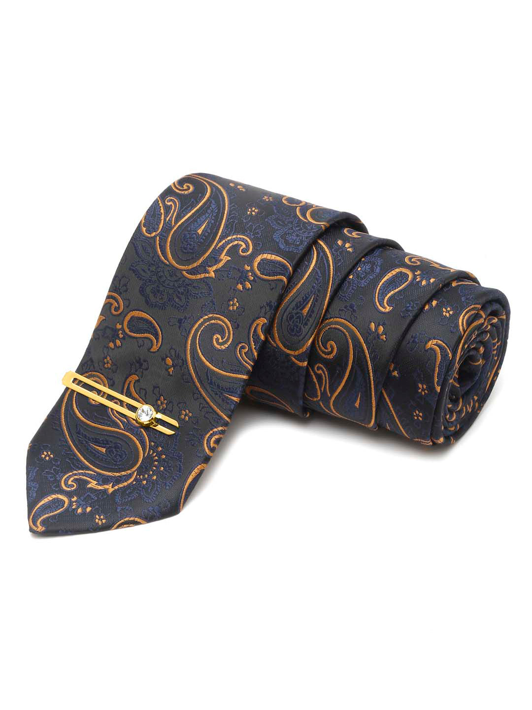 Sapphire Blue Luxury Italian Silk Necktie Set With Pocket Square Gold Tie pin