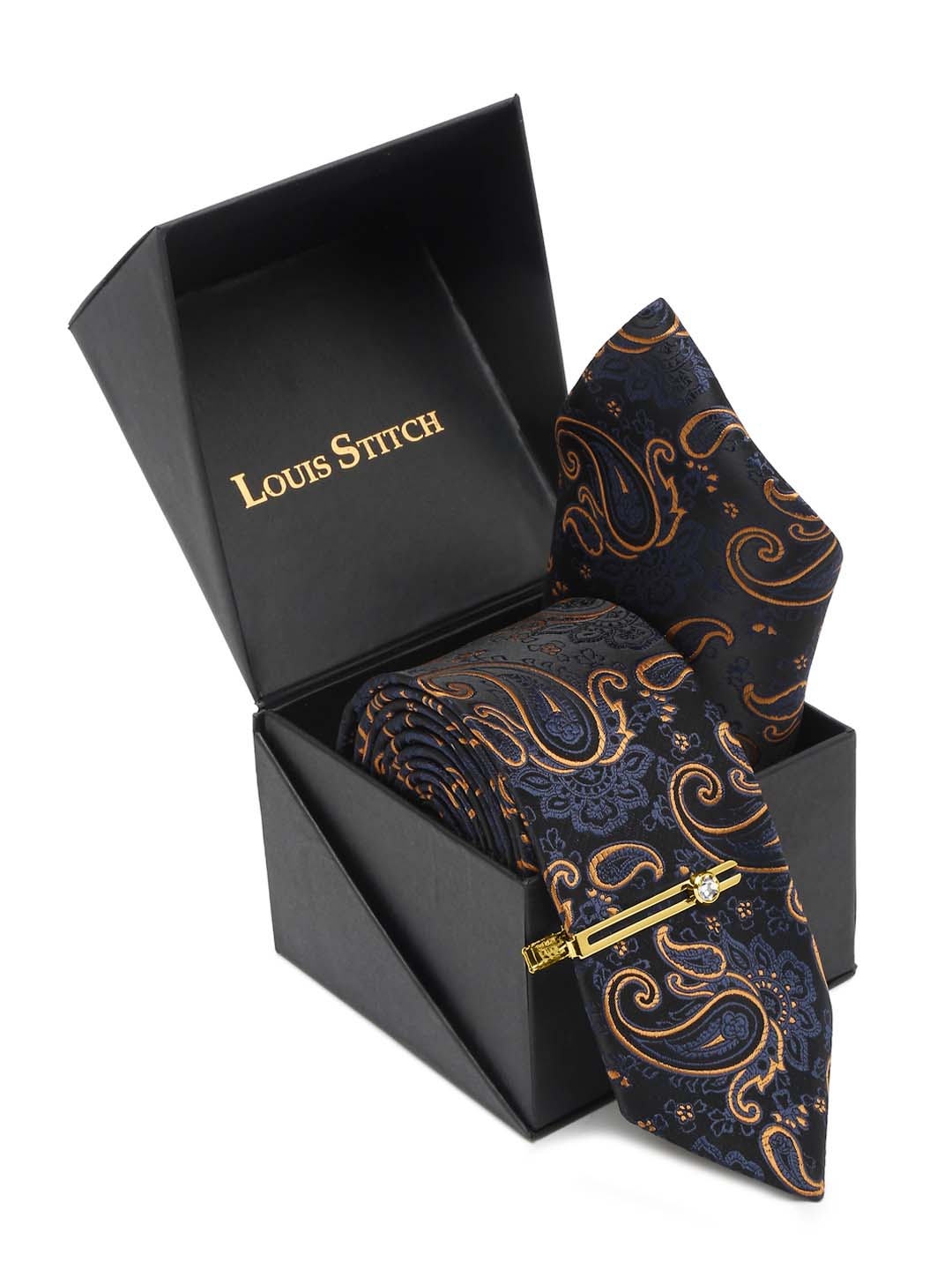 Sapphire Blue Luxury Italian Silk Necktie Set With Pocket Square Gold Tie pin