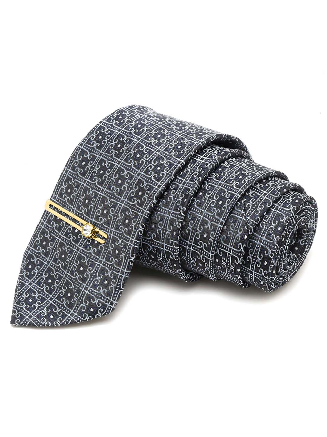 Denim Blue Italian Silk Necktie Set Pocket Square Golden Tiepin